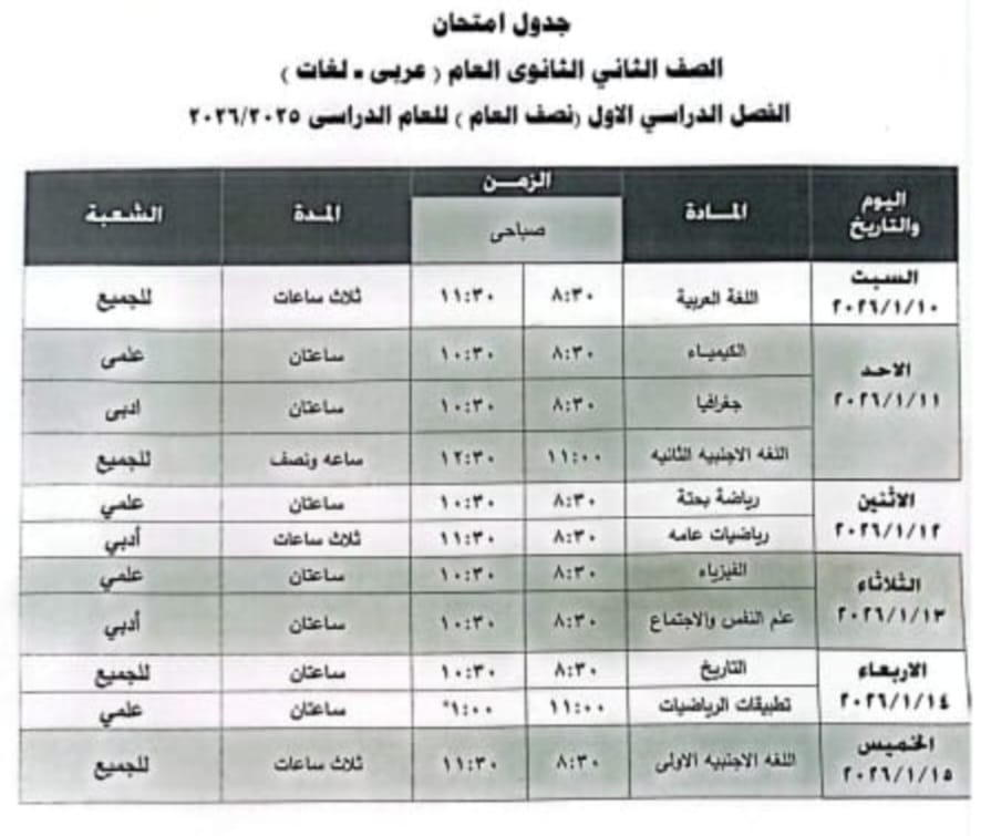 الجدول الرسمي المعلن من قبل مديرية التربية والتعليم بالجيزة&nbsp;