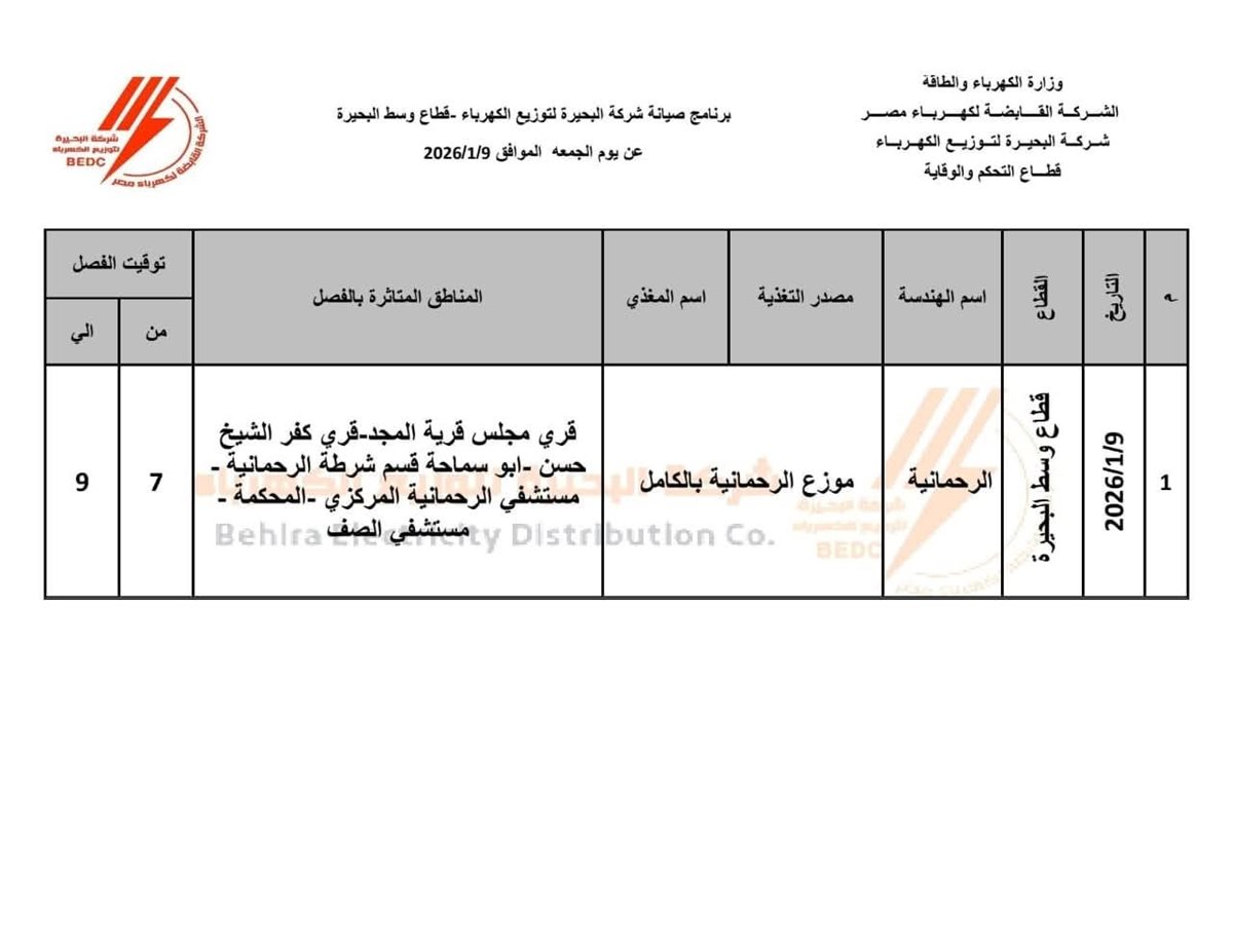 فصل التيار الكهربائي عن عدة مناطق بمركز الرحمانية بالبحيرة اليوم الجمعة 9 يناير