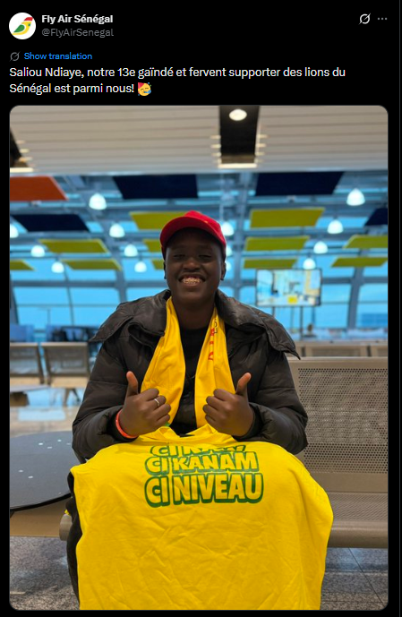 <strong>شركة الطيران السنغالية تعلن وصول مشجع الليزر لحضور مباراة مصر والسنغال في نصف نهائي أمم إفريقيا&nbsp;</strong>