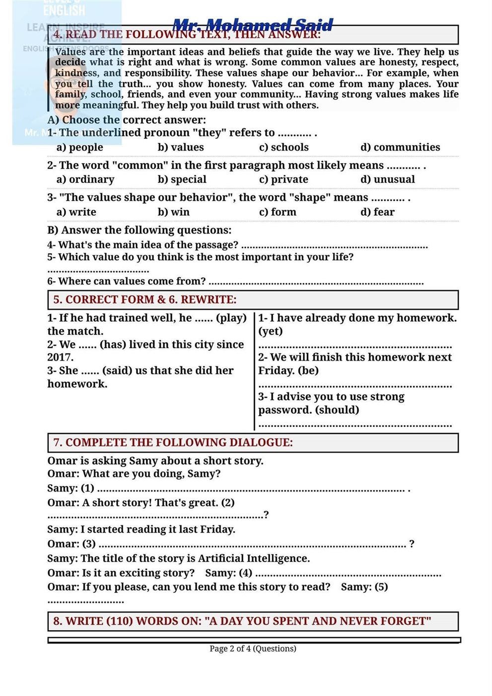 &nbsp;إجابات أسئلة امتحان إنجليزي الإعدادية في الجيزة