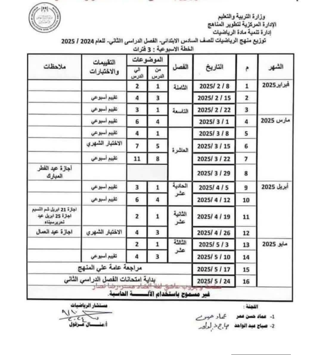 توزيع منهج الرياضيات للمرحلة الابتدائية للفصل الدراسي الثاني