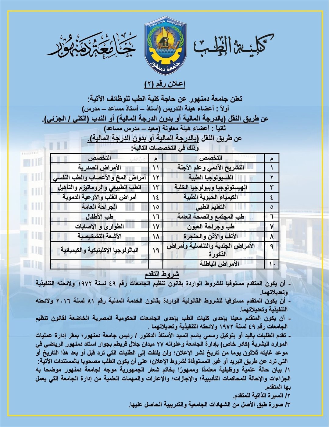 وظائف شاغرة بكلية طب جامعة دمنهور