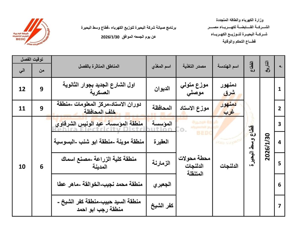 جدول فصل التيار الكهربائي عن عدة قرى ومناطق بمحافظة البحيرة اليوم الجمعة 30 يناير