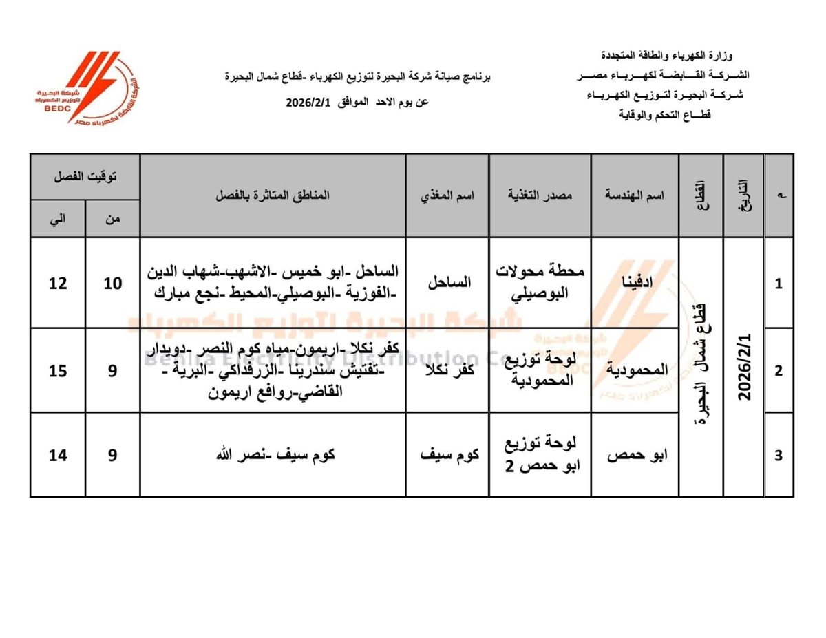 جدول فصل الكهرباء بمناطق وقرى محافظة البحيرة اليوم الأحد 1 فبراير