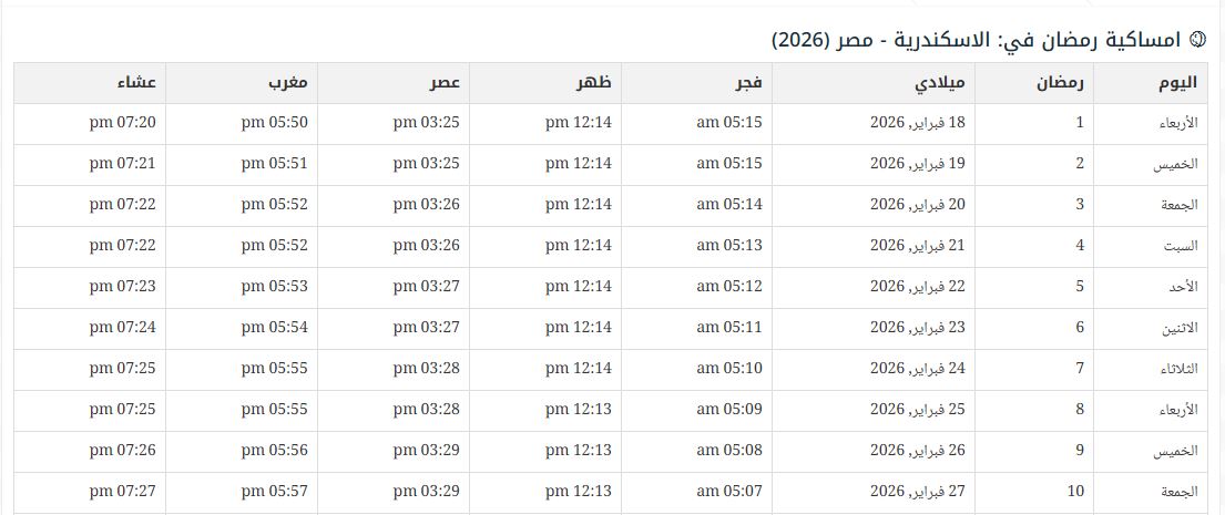 إمساكية رمضان 2026 الإسكندرية