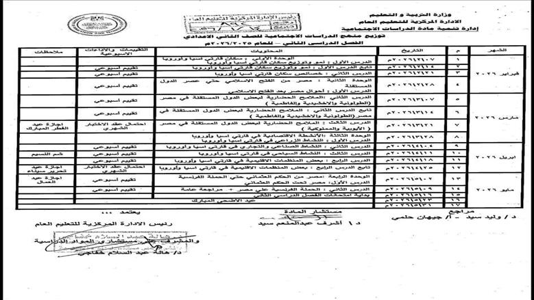 توزيع منهج الدراسات الاجتماعية للمرحلة الإعدادية خلال فبراير ومارس وإبريل