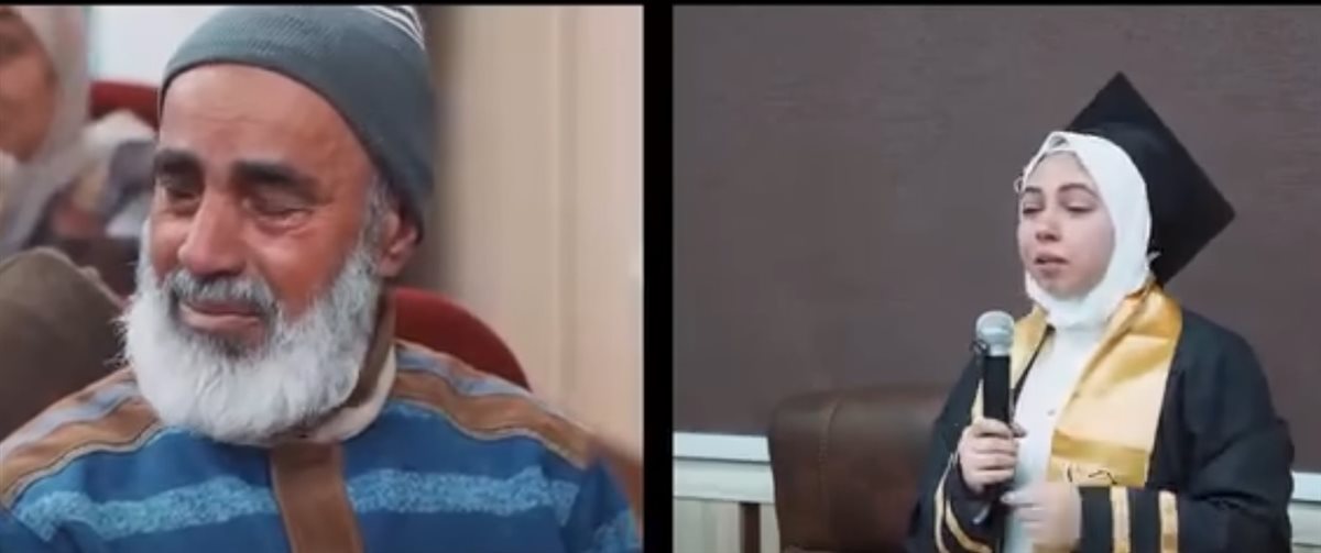 <strong>أبكت الحضور.. باحثة أزهرية خلال تأثر والدها بمناقشة رسالتها للماجستير بجامعة الأزهر: ماتعيطش.. دا بسبب تعبك ودعوات ماما</strong>