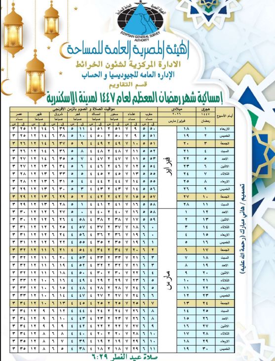 إمساكية رمضان 2026 الإسكندرية