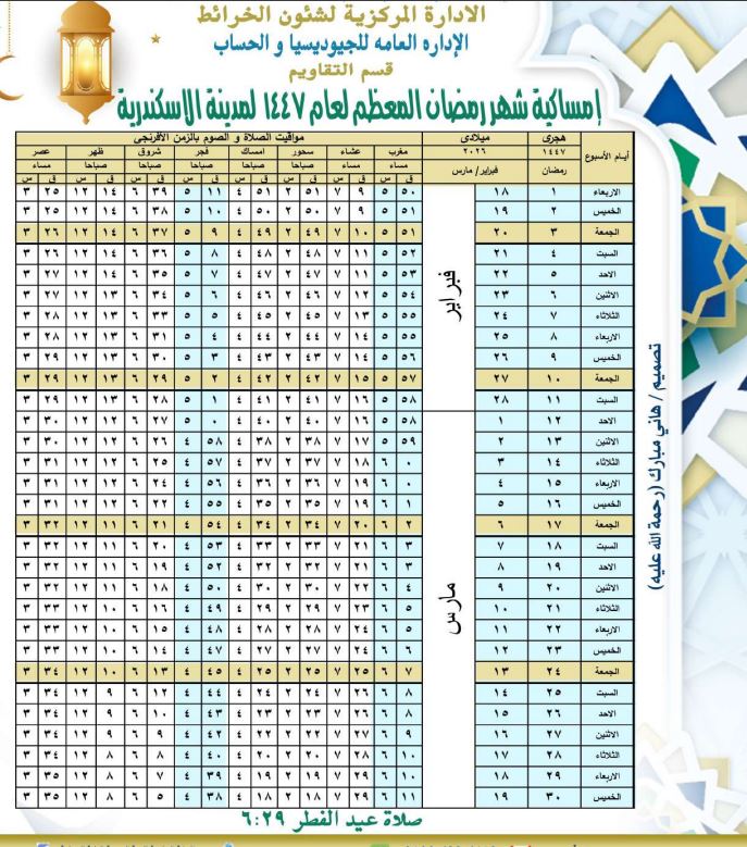 إمساكية رمضان 2026 محافظة الإسكندرية&nbsp;