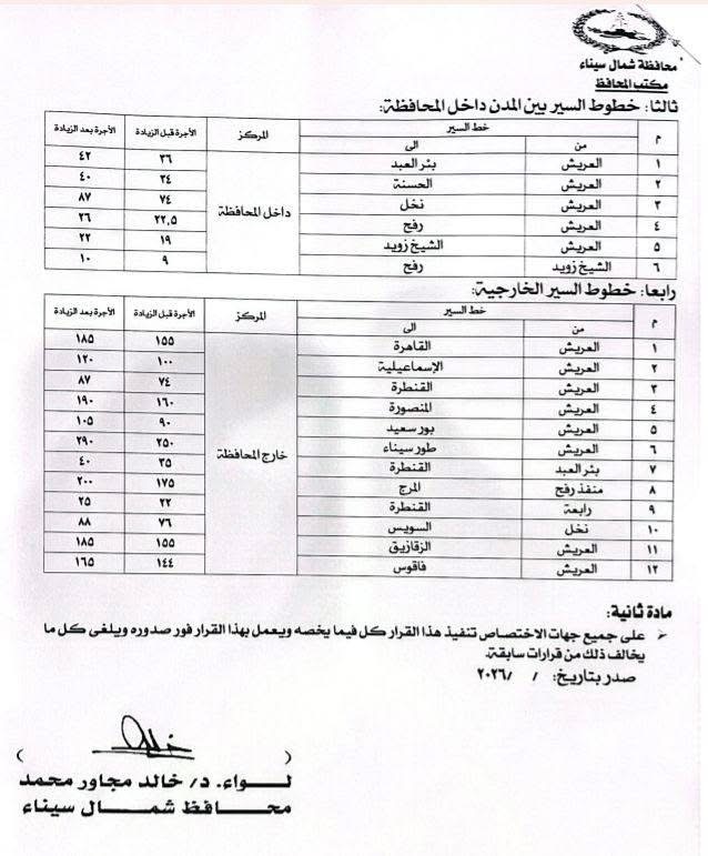 تعريفة ركوب شمال سيناء