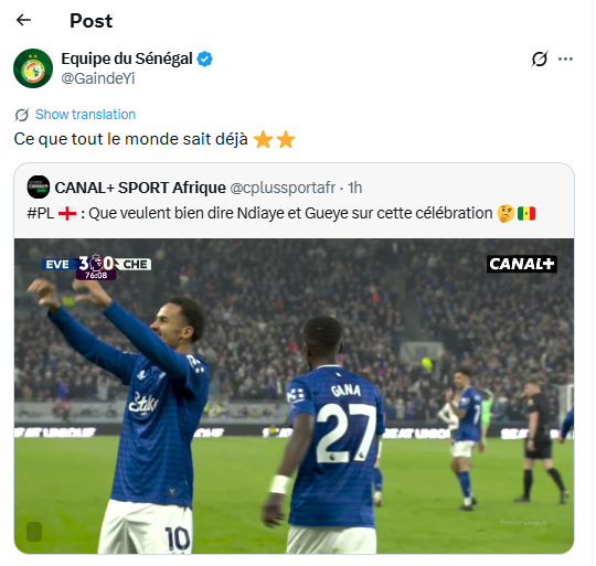 حساب منتخب السنغال يعيد نشر احتفال ثنائي فريق إيفرتون