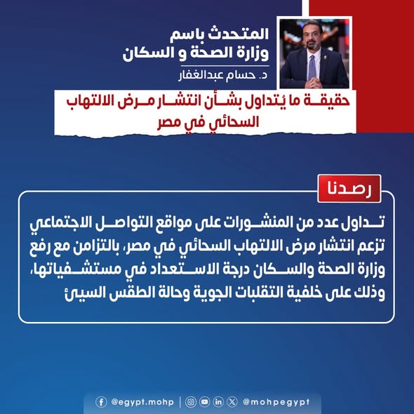 &nbsp;الصحة ترد على شائعة انتشار مرض الالتهاب السحائي في مصر: مصر خالية تمامًا من أي تفشيات وبائية لمرض الالتهاب السحائي