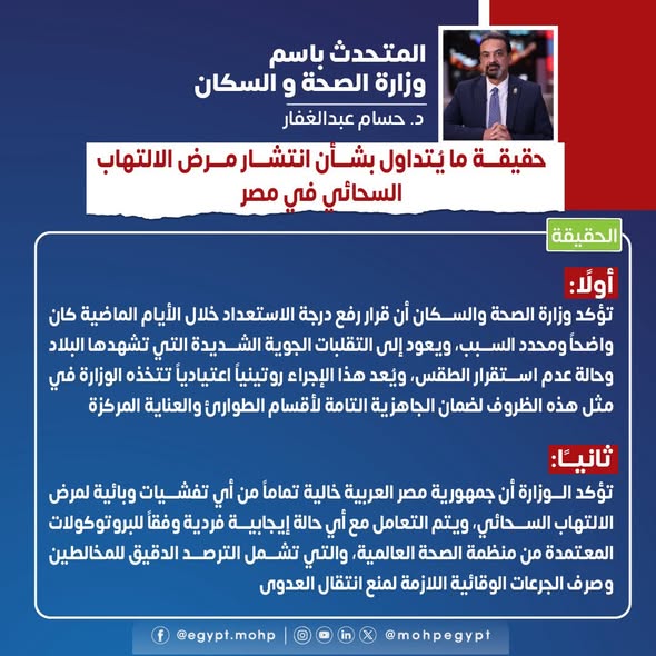 &nbsp;الصحة ترد على شائعة انتشار مرض الالتهاب السحائي في مصر: مصر خالية تمامًا من أي تفشيات وبائية لمرض الالتهاب السحائي