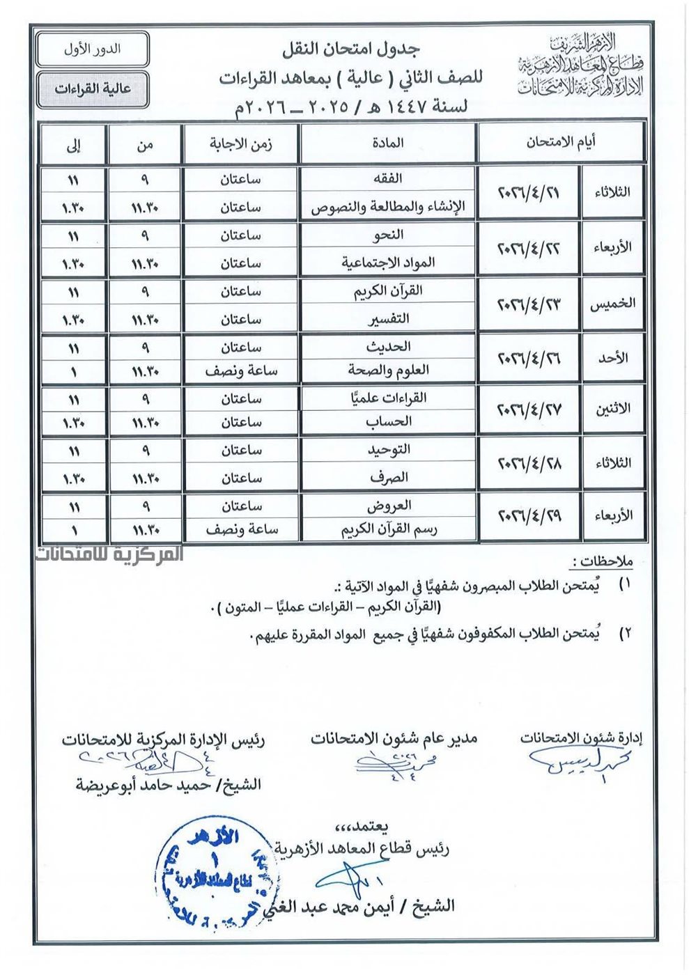 المعاهد الأزهرية يعلن جداول امتحانات النقل والشهادات الأزهرية &nbsp;