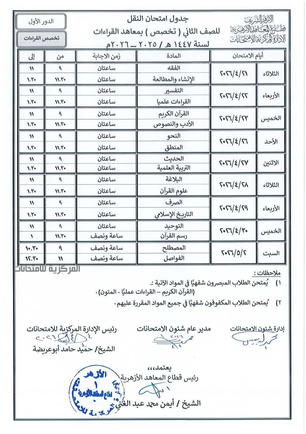 المعاهد الأزهرية يعلن جداول امتحانات النقل والشهادات الأزهرية &nbsp;