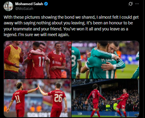 <strong>محمد صلاح يودّع روبرتسون: متأكد من أننا سنلتقي مجددًا</strong>