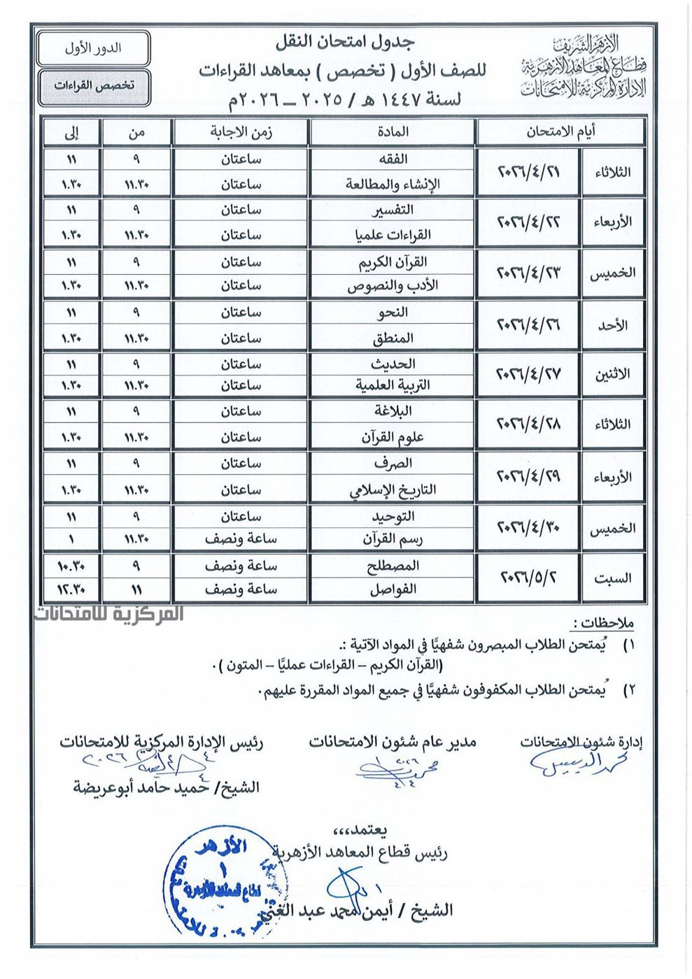 جدول امتحانات النقل الثانوي الازهر الفصل الدراسي الثاني