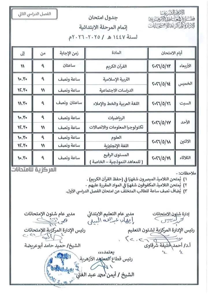 جدول امتحانات الأزهر 2026 الابتدائي