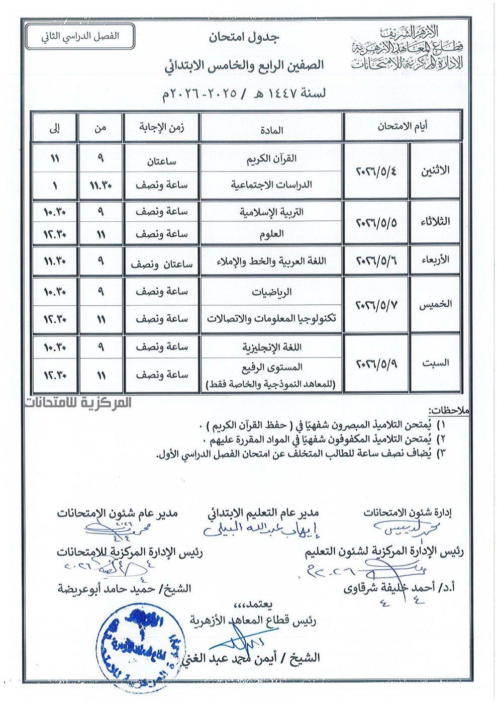 جدول امتحانات الأزهر 2026 الابتدائي ترم ثاني