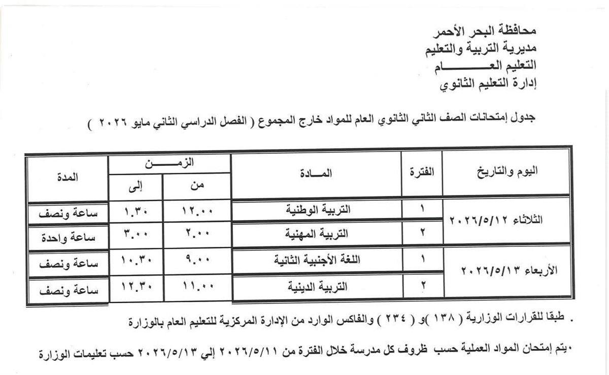 جدول امتحانات النقل بالمرحلة الثانوية