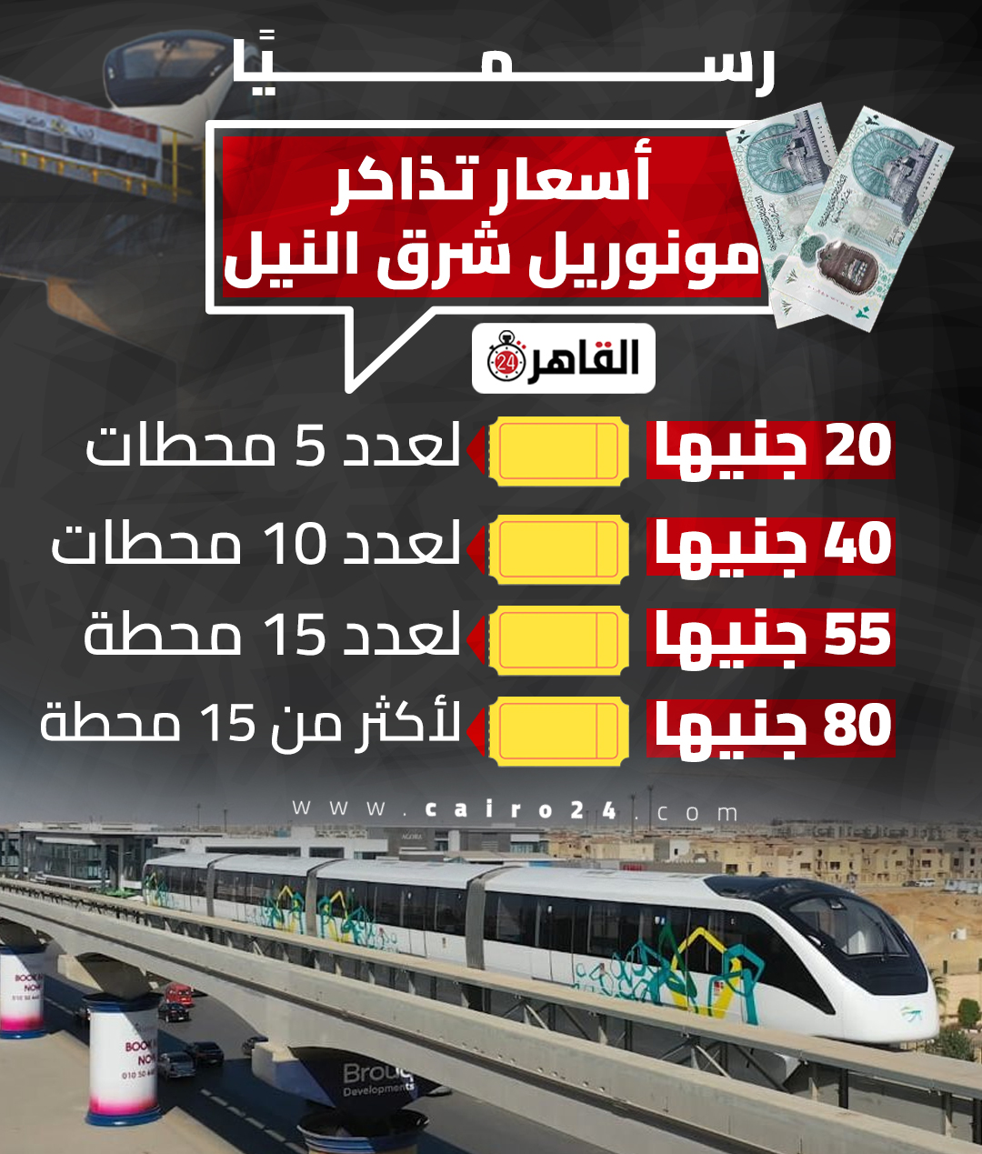 أسعار تذاكر مونوريل شرق النيل