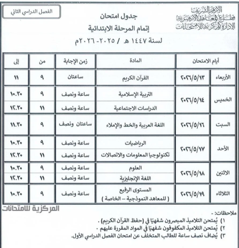 جدول امتحانات الشهادة الابتدائية الأزهرية 2026 الترم الثاني