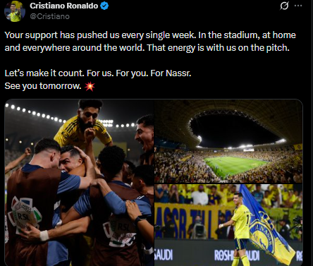 <strong>كريستيانو رونالدو يوجه رسالة مؤثرة لجماهير النصر قبل المواجهة الحاسمة أمام الهلال </strong>