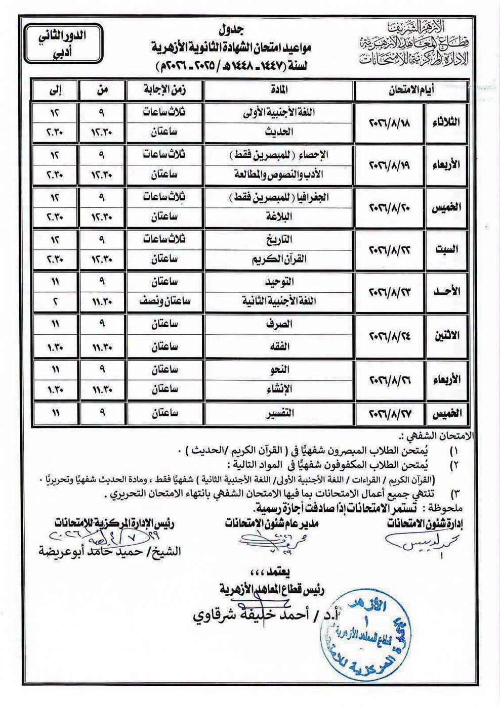امتحانات الثانوية الأزهرية