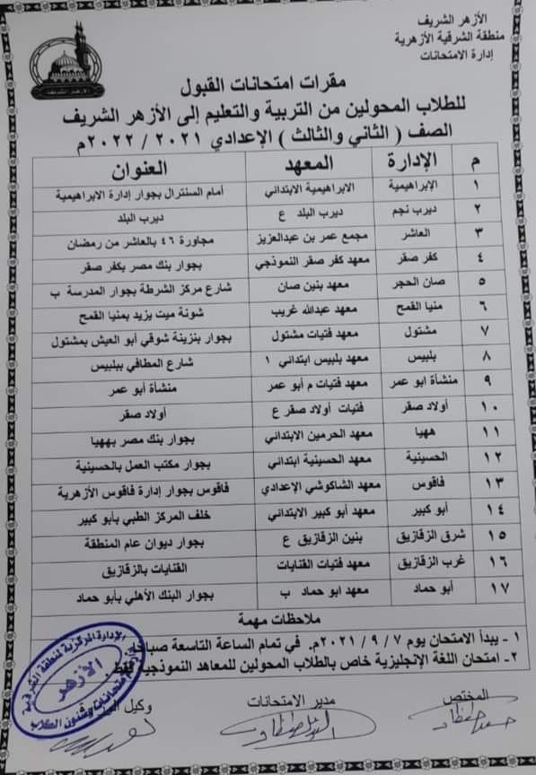 جدول امتحانات القبول لطلاب الإعدادية المحولين من التربية والتعليم إلى الأزهر بالشرقية