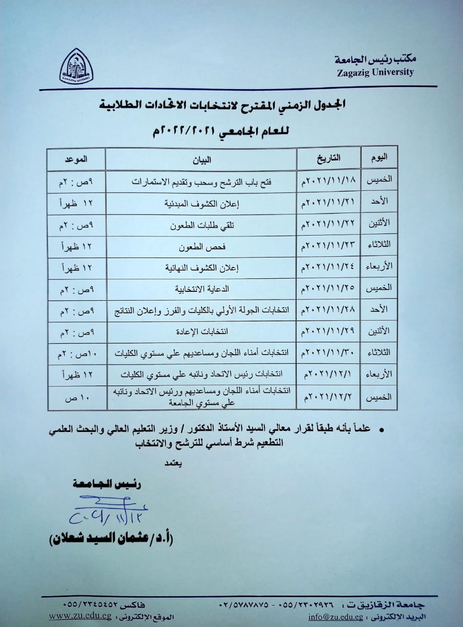 الجدول الزمني لانتخابات الطلاب بالزقازيق
