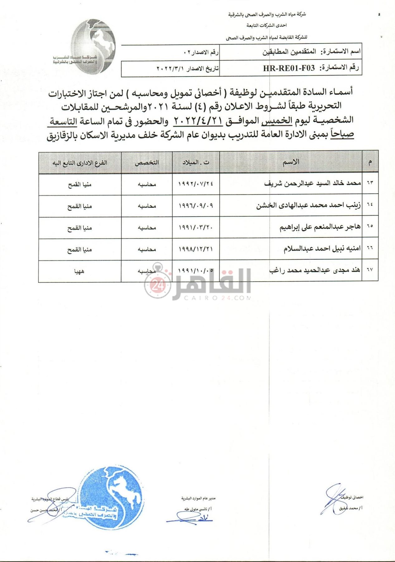 أسماء المرشحين للمقابلات الشحصية بشأن وظائف شركة المياه بالشرقية 06
