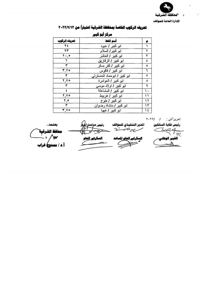 تعريفة الركوب الجديدة بالشرقية 011