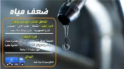 مياه سوهاج: استمرار ضعف مياه الشرب في 6 مناطق حتى اليوم