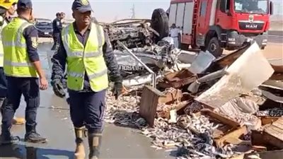 انقلاب سيارة محملة بالأسماك على طريق السويس ووفاة قائدها