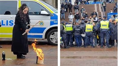 امرأة تحمل الصليب تحرق القرآن الكريم في شوارع السويد لهذا السبب
