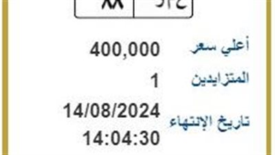بينها عمر 88.. طرح مزاد لوحات مرور مميزة بأسعار تصل إلى 425 ألف جنيه