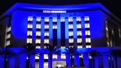 الصحة تحتفل باليوم العالمي للسكر بإضاءة مبنى الوزارة في العاصمة الإدارية باللون الأزرق