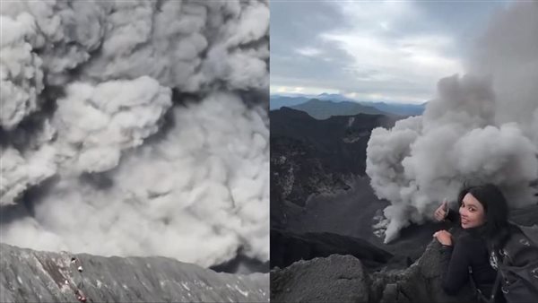 سائحة تتسلق فوهة