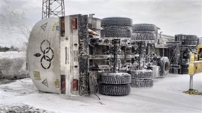 عودة الحركة المرورية.. رفع آثار حادث انقلاب سيارة نقل محملة بالمواد البترولية في البحيرة