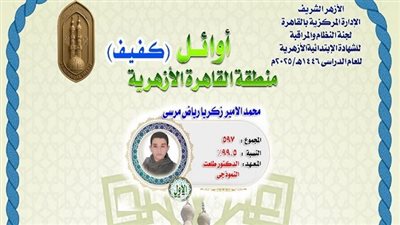 حصل على 99.50%.. والدة الأول كفيف في الابتدائية الأزهرية بالقاهرة: حافظ 20 جزءًا من القرآن 