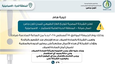 تاون جاس تنفذ أعمال صيانة بالمنطقة الحرة للاستثمار في الإسماعيلية غدًا