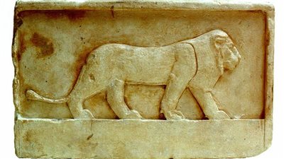 نقش بارز لأسد من تل المقدام يعرض بمتحف ألارذ بيرسون في أمستردام