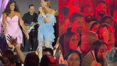 في مكان واحد.. دينا الشربيني تشارك روبي الغناء بحضور كريم عبد العزيز وزوجته| صور