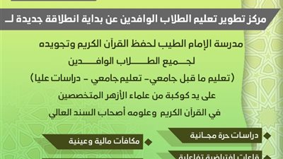 بتوجيهات شيخ الأزهر.. انطلاقة جديدة وتوسُّع لمدرسة «الإمام الطيب» للقرآن الكريم للطلاب الوافدين