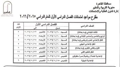 جدول امتحانات نصف العام 2026 لجميع الصفوف بمحافظة القاهرة    