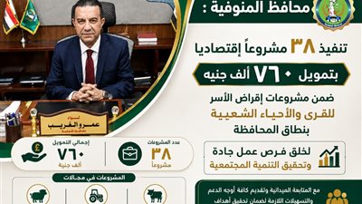 محافظ المنوفية: تمويل 38 مشروعًا اقتصاديًا بـ760 ألف جنيه