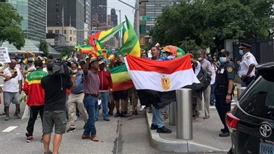 شاب مصري يرفع علم مصر في مظاهرة للإثيوبيين أمام مبنى مجلس الأمن (فيديو)