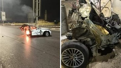 انشطار سيارة نصفين وتفحمها في حادث سير بطريق القاهرة السويس