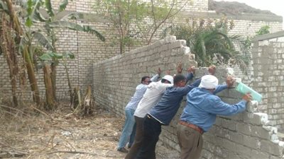 موظفو الوحدة المحلية بالمنيا ينفذون إزالة التعديات على الأراضي بالأيدي