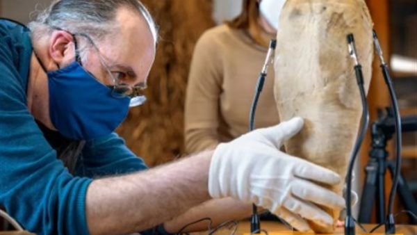 علماء يفحصون المومياء